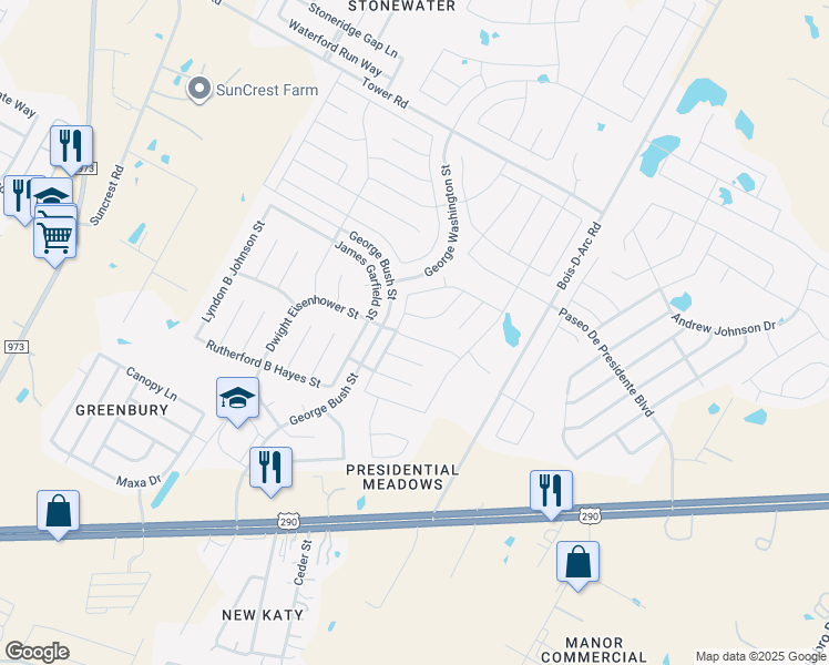map of restaurants, bars, coffee shops, grocery stores, and more near 12825 Dwight Eisenhower Street in Manor