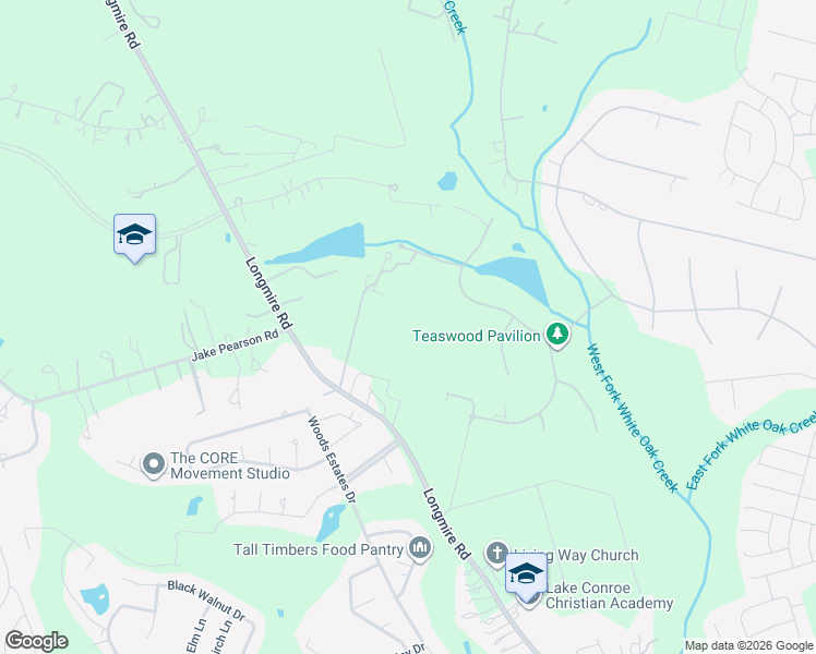 map of restaurants, bars, coffee shops, grocery stores, and more near 5800 Longmire Road in Conroe