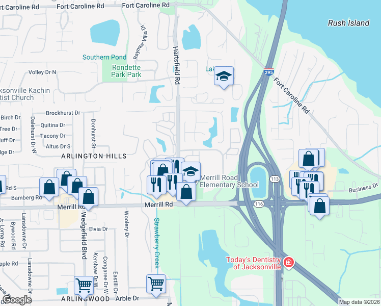 map of restaurants, bars, coffee shops, grocery stores, and more near 8230 Dames Point Crossing Blvd N in Jacksonville