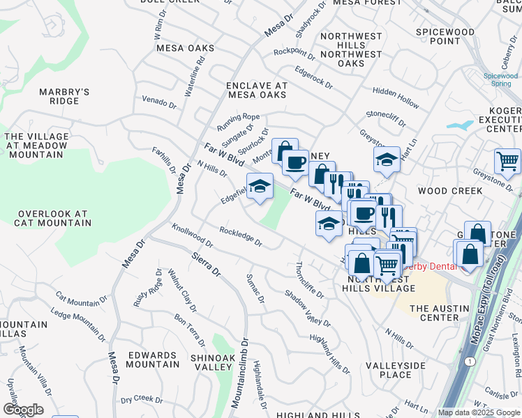 map of restaurants, bars, coffee shops, grocery stores, and more near 7005 Northledge Drive in Austin