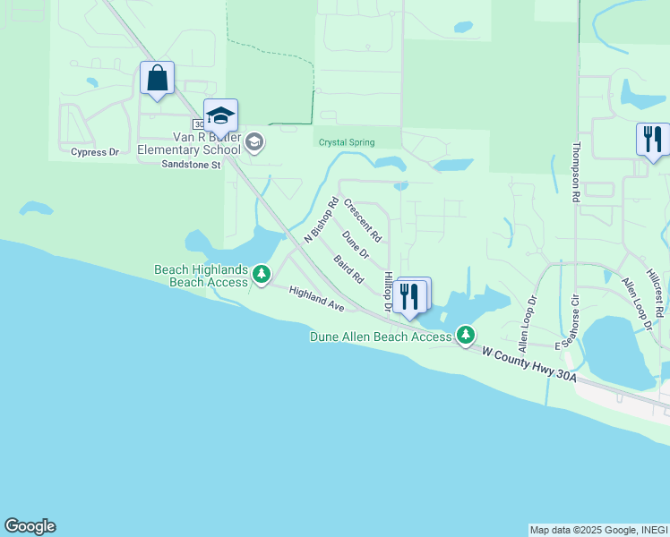 map of restaurants, bars, coffee shops, grocery stores, and more near 157 Baird Road in Santa Rosa Beach