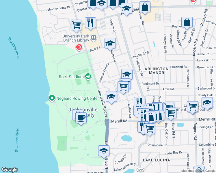 map of restaurants, bars, coffee shops, grocery stores, and more near 3105 University Boulevard North in Jacksonville