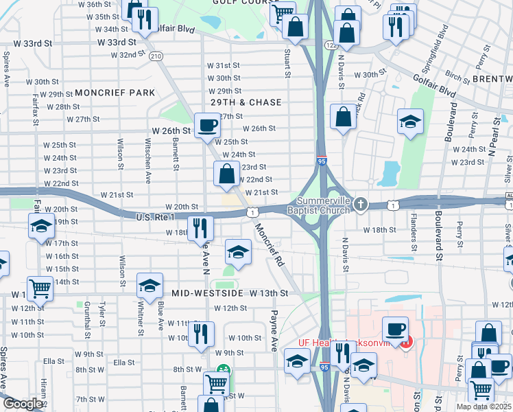 map of restaurants, bars, coffee shops, grocery stores, and more near 2905 Abbott Street in Jacksonville