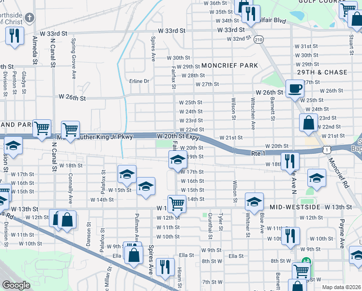 map of restaurants, bars, coffee shops, grocery stores, and more near 1739 West 19th Street in Jacksonville