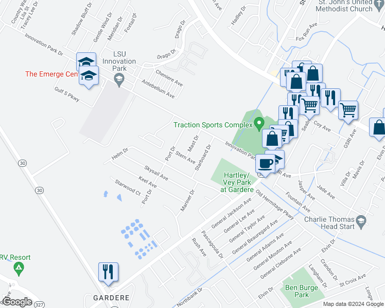 map of restaurants, bars, coffee shops, grocery stores, and more near 8246 Stern Avenue in Baton Rouge