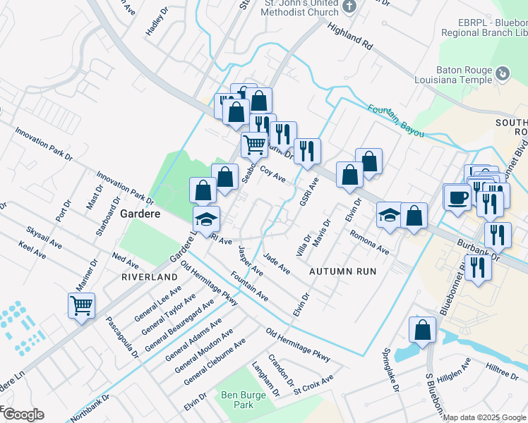 map of restaurants, bars, coffee shops, grocery stores, and more near 1336 Jade Avenue in Baton Rouge