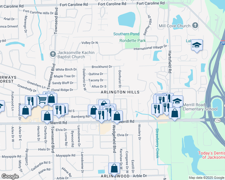 map of restaurants, bars, coffee shops, grocery stores, and more near 3028 Wedgefield Boulevard in Jacksonville