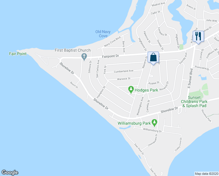 map of restaurants, bars, coffee shops, grocery stores, and more near 102 San Carlos Avenue in Gulf Breeze