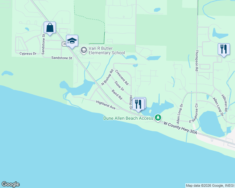 map of restaurants, bars, coffee shops, grocery stores, and more near 6192 West County Highway 30A in Santa Rosa Beach