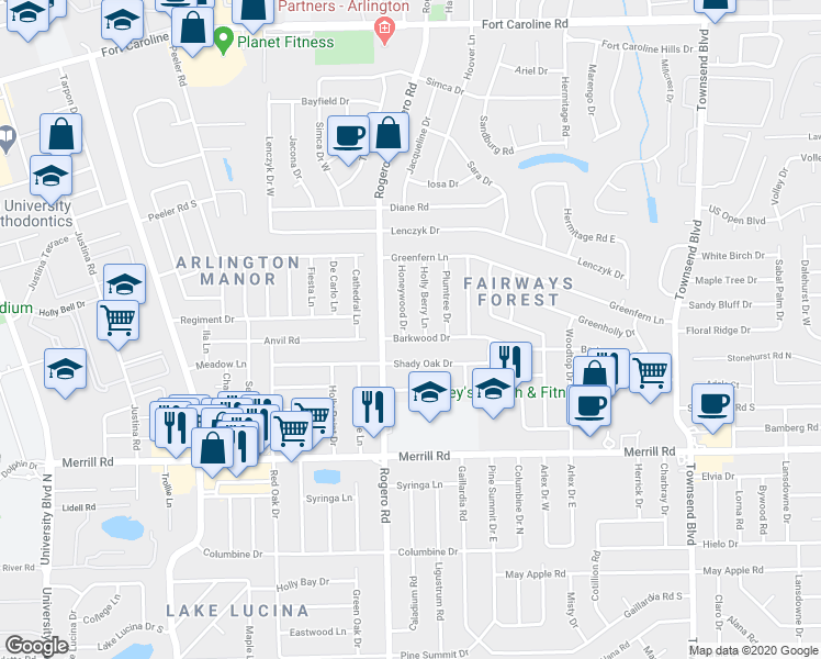 map of restaurants, bars, coffee shops, grocery stores, and more near 3105 Honeywood Drive in Jacksonville