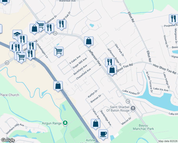 map of restaurants, bars, coffee shops, grocery stores, and more near 17614 Christopher Crossing Drive in Baton Rouge