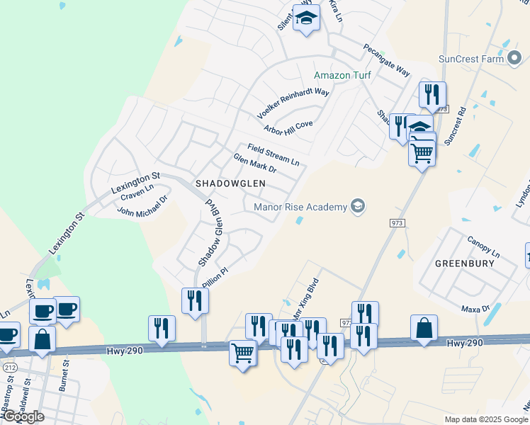 map of restaurants, bars, coffee shops, grocery stores, and more near 13737 Shady Ridge Lane in Manor