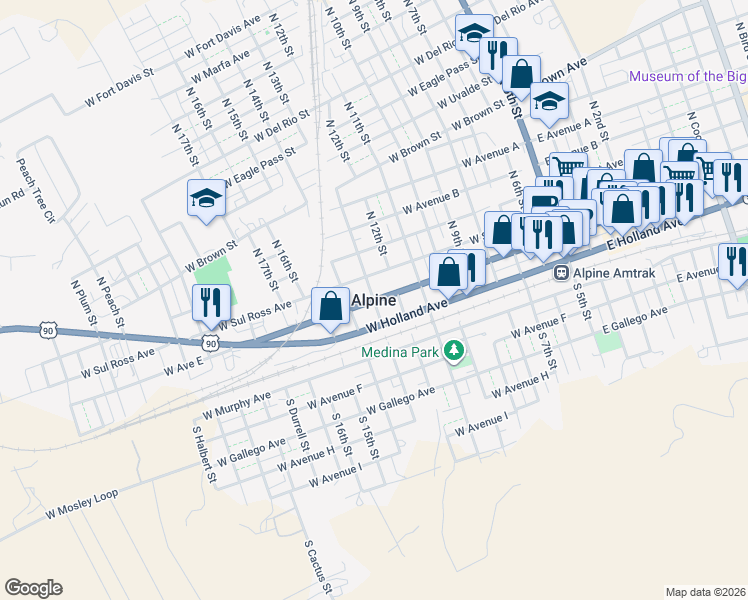 map of restaurants, bars, coffee shops, grocery stores, and more near in Alpine