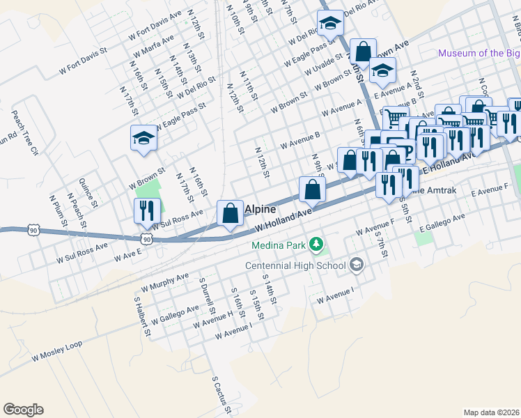map of restaurants, bars, coffee shops, grocery stores, and more near in Alpine