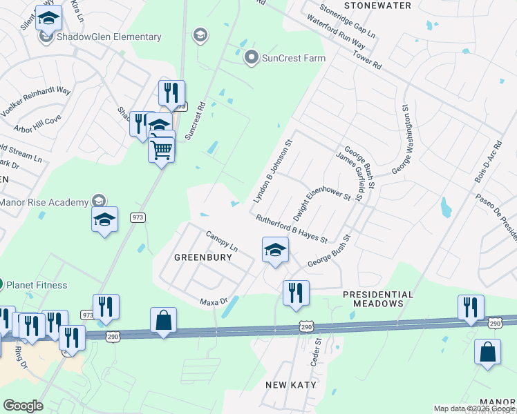 map of restaurants, bars, coffee shops, grocery stores, and more near 12228 Rutherford B Hayes Street in Manor