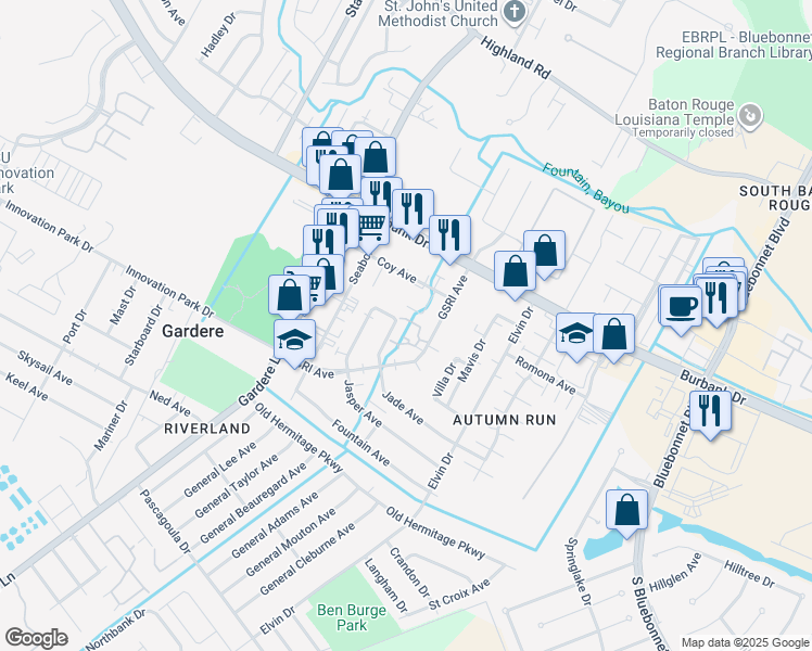 map of restaurants, bars, coffee shops, grocery stores, and more near 8911 GSRI Avenue in Baton Rouge