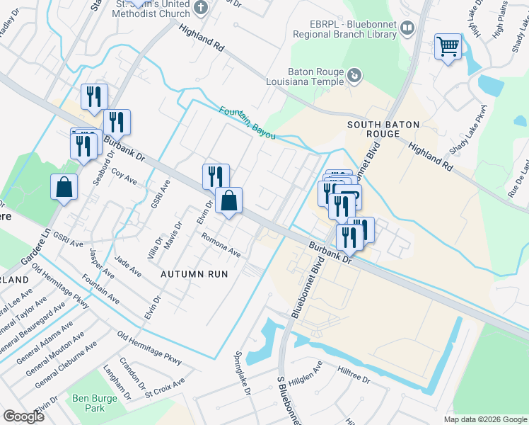 map of restaurants, bars, coffee shops, grocery stores, and more near 9211 Parkway Drive in Baton Rouge