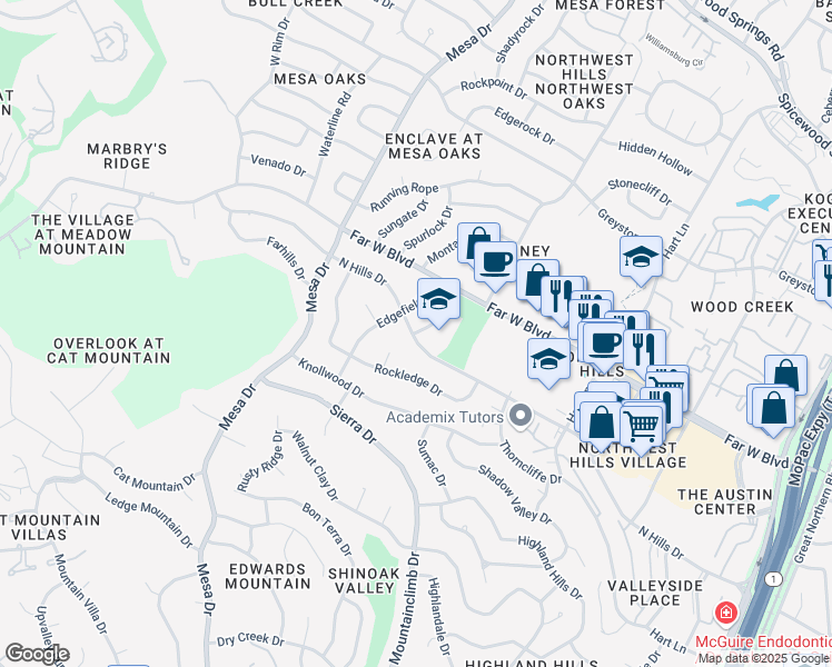 map of restaurants, bars, coffee shops, grocery stores, and more near 7005 Northledge Drive in Austin