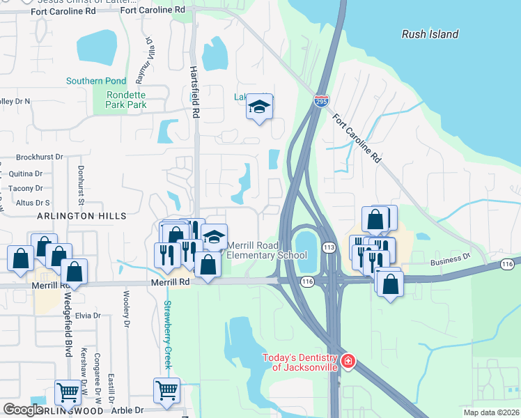 map of restaurants, bars, coffee shops, grocery stores, and more near 8321 Dames Point Crossing Boulevard in Jacksonville