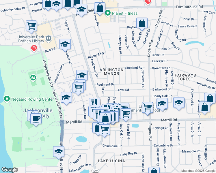 map of restaurants, bars, coffee shops, grocery stores, and more near 6028 Anvil Road in Jacksonville