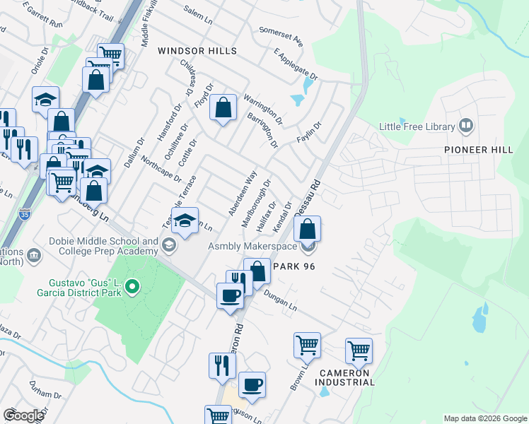 map of restaurants, bars, coffee shops, grocery stores, and more near 9704 Kendal Drive in Austin