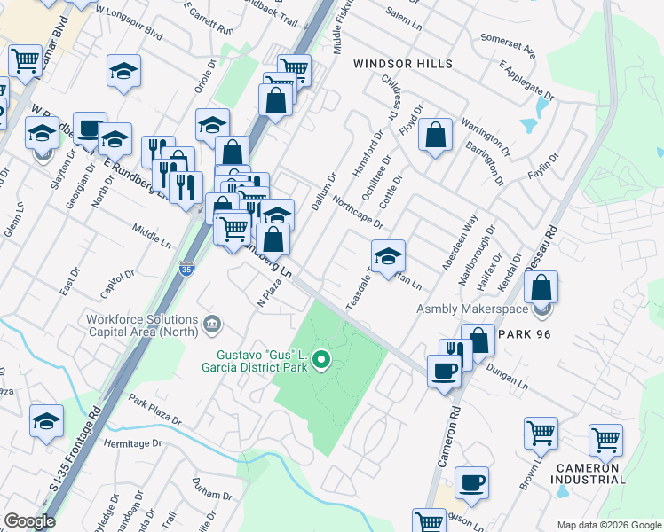 map of restaurants, bars, coffee shops, grocery stores, and more near 1110 Village Green Drive in Austin