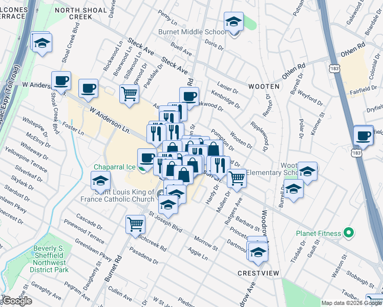 map of restaurants, bars, coffee shops, grocery stores, and more near 2209 West Anderson Lane in Austin