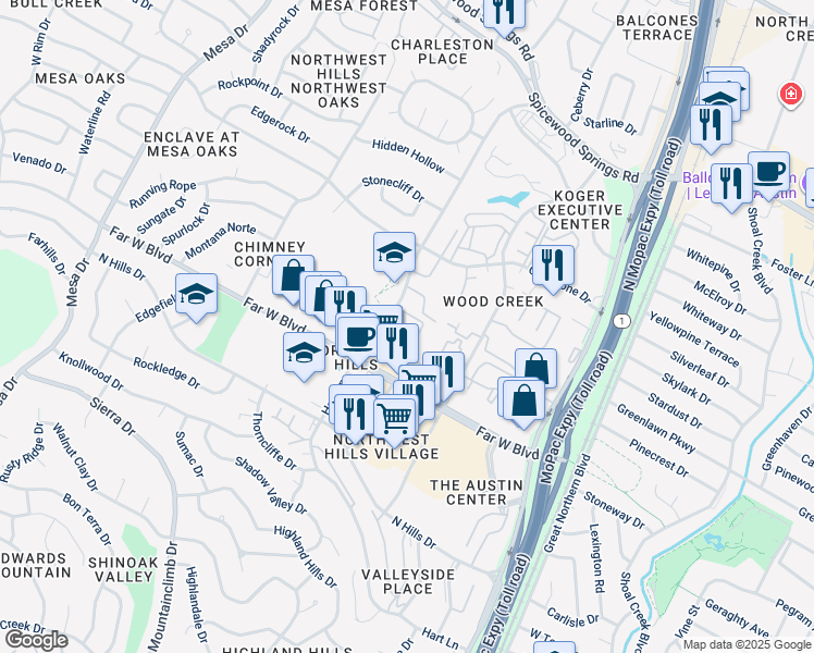 map of restaurants, bars, coffee shops, grocery stores, and more near 7121 Hart Lane in Austin