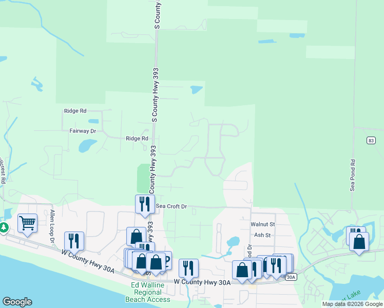 map of restaurants, bars, coffee shops, grocery stores, and more near 11 Basswood Drive in Santa Rosa Beach