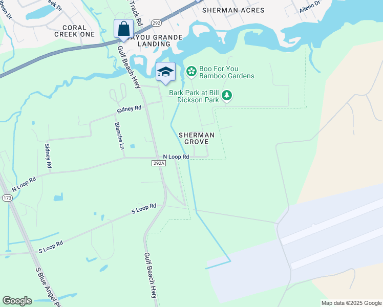 map of restaurants, bars, coffee shops, grocery stores, and more near 9400 North Loop Road in Pensacola