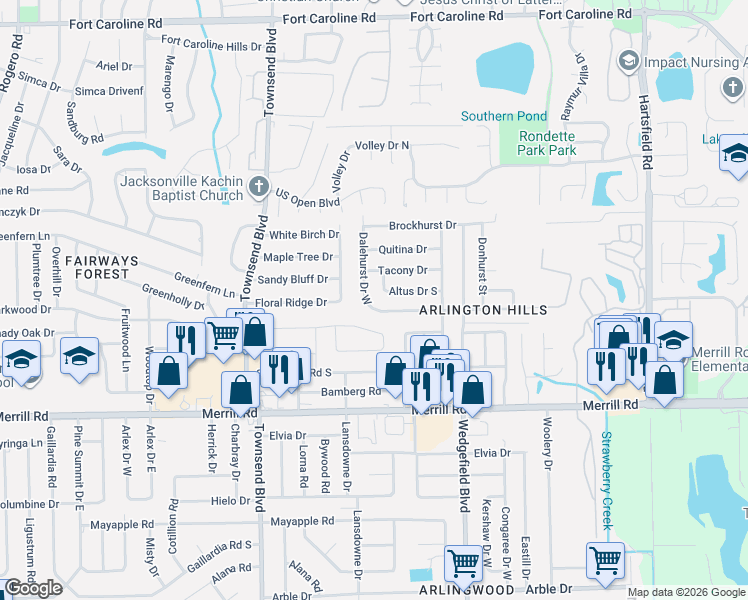 map of restaurants, bars, coffee shops, grocery stores, and more near 7431 Stonehurst Road North in Jacksonville
