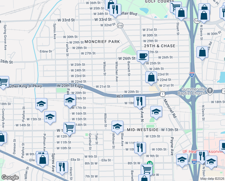map of restaurants, bars, coffee shops, grocery stores, and more near 1474 West 19th Street in Jacksonville