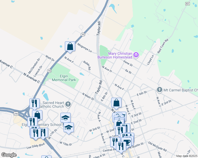map of restaurants, bars, coffee shops, grocery stores, and more near 305 Taylor Road in Elgin