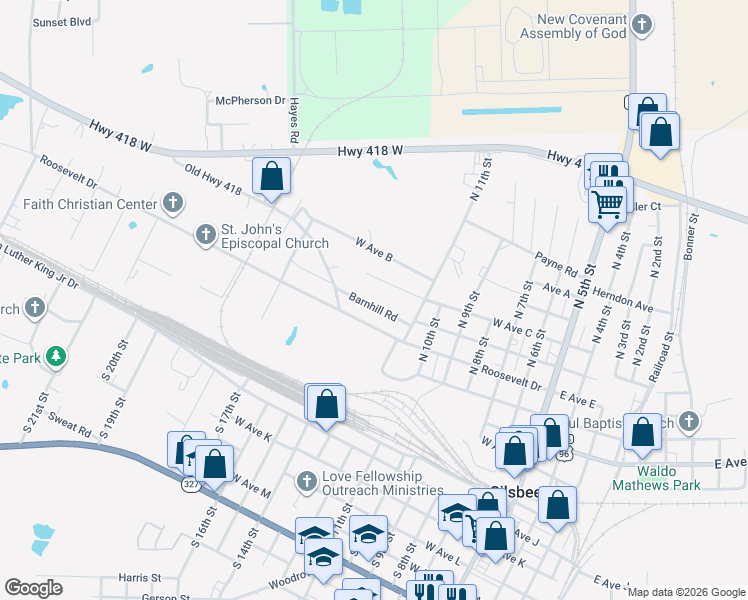 map of restaurants, bars, coffee shops, grocery stores, and more near 750 Roosevelt Drive in Silsbee