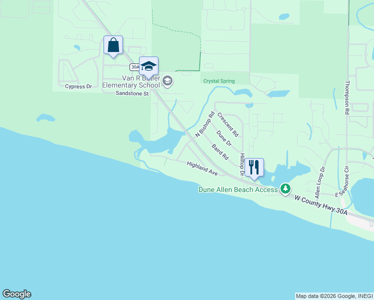 map of restaurants, bars, coffee shops, grocery stores, and more near 123 South Bishop Road in Santa Rosa Beach