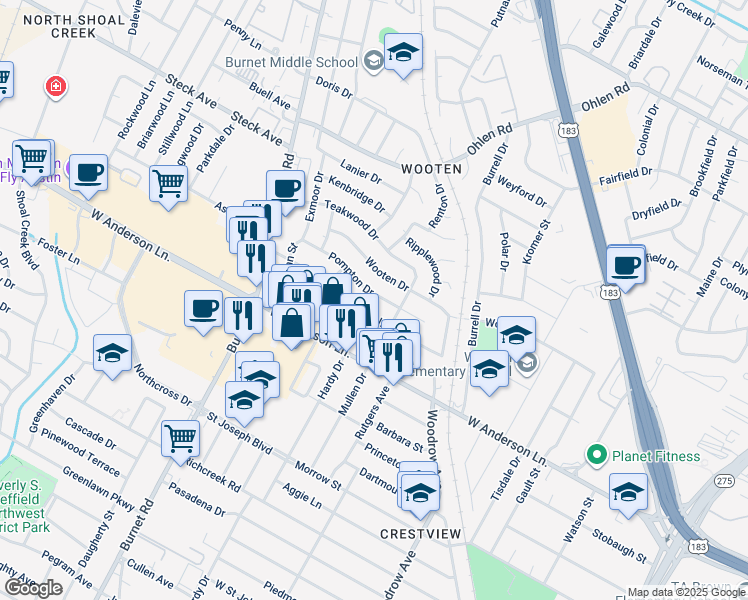 map of restaurants, bars, coffee shops, grocery stores, and more near 1909 Pompton Drive in Austin