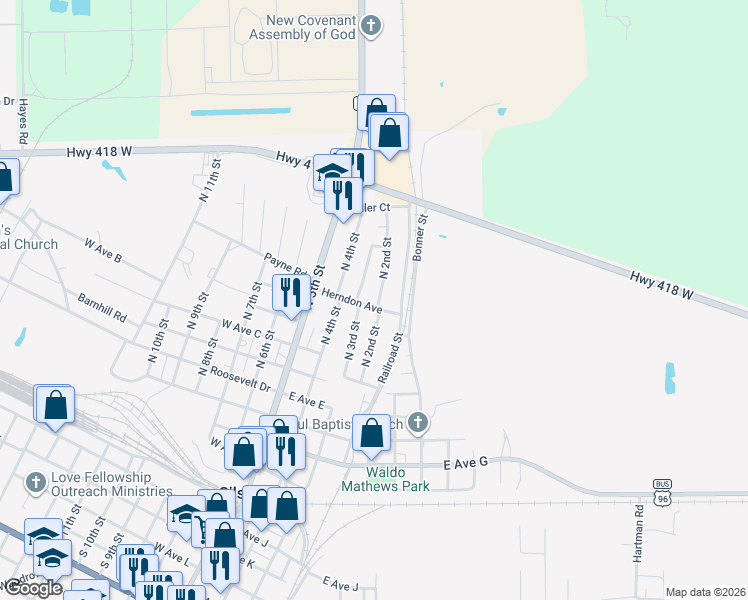 map of restaurants, bars, coffee shops, grocery stores, and more near 950 North 3rd Street in Silsbee