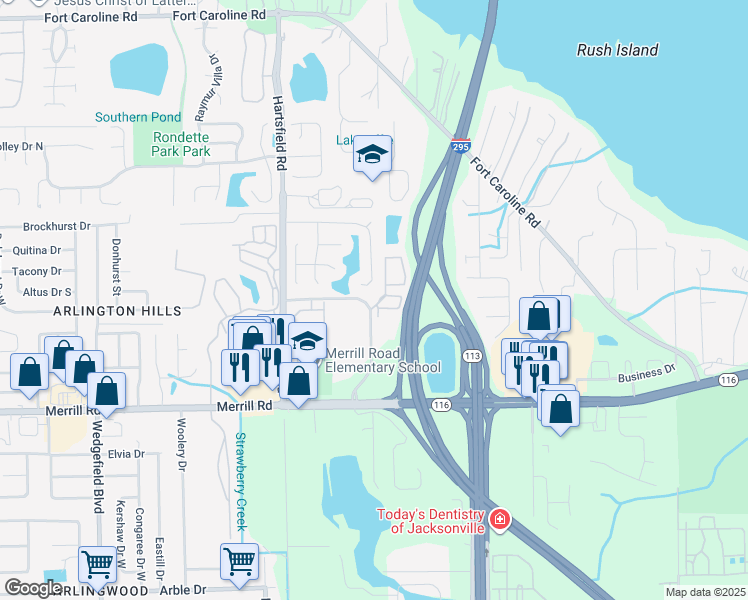 map of restaurants, bars, coffee shops, grocery stores, and more near 8321 Dames Point Crossing Boulevard in Jacksonville