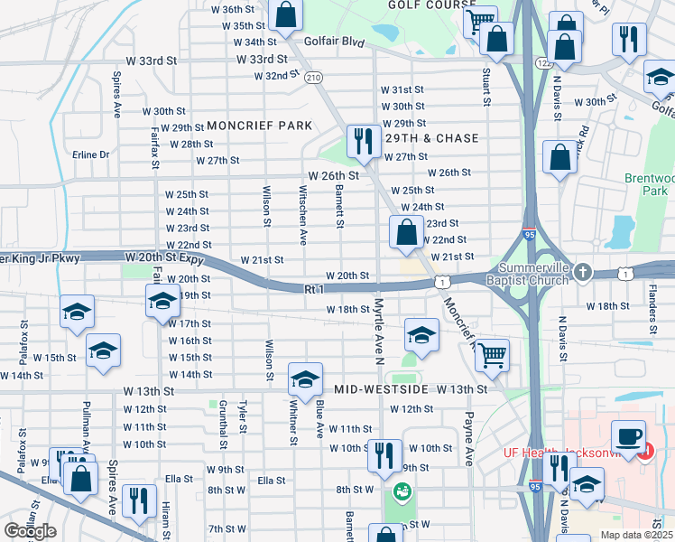 map of restaurants, bars, coffee shops, grocery stores, and more near 1403 West 20th Street in Jacksonville
