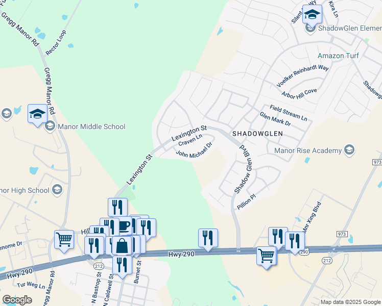 map of restaurants, bars, coffee shops, grocery stores, and more near 16905 John Michael Drive in Manor