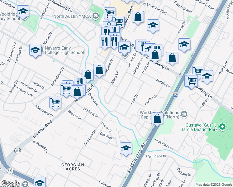 map of restaurants, bars, coffee shops, grocery stores, and more near 8913 Slayton Drive in Austin