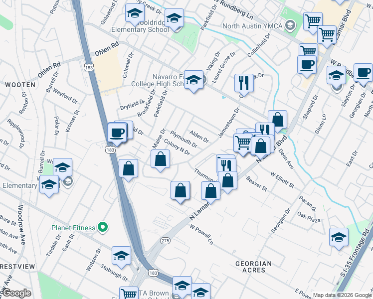 map of restaurants, bars, coffee shops, grocery stores, and more near 1100 Plymouth Drive in Austin