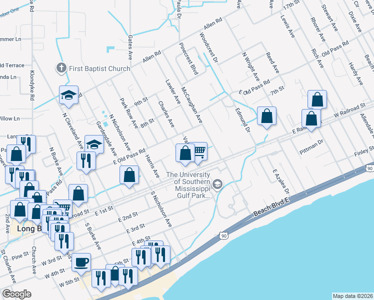 map of restaurants, bars, coffee shops, grocery stores, and more near 121 Valentine Drive in Long Beach
