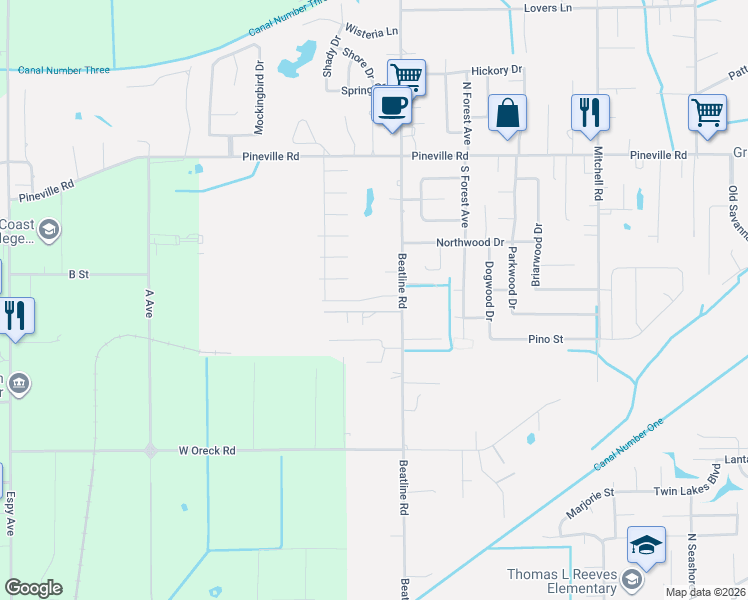 map of restaurants, bars, coffee shops, grocery stores, and more near 5043 Beatline Road in Long Beach