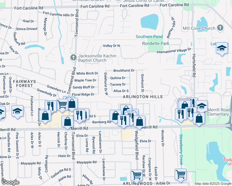 map of restaurants, bars, coffee shops, grocery stores, and more near 7520 Altus Drive South in Jacksonville