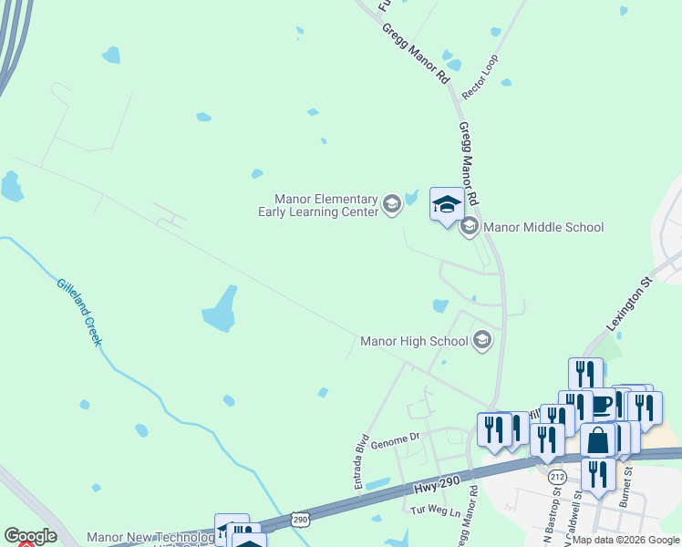 map of restaurants, bars, coffee shops, grocery stores, and more near 9910 Hill Lane in Manor