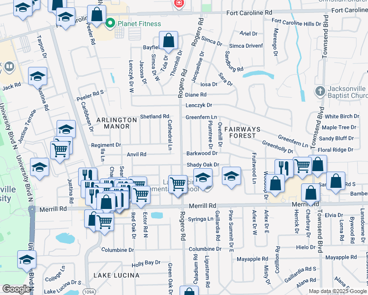map of restaurants, bars, coffee shops, grocery stores, and more near 3137 Rogero Road in Jacksonville