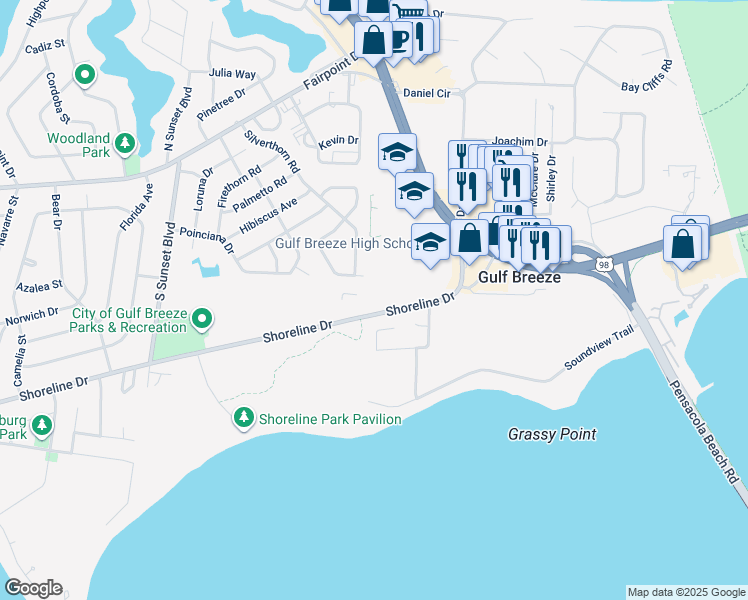 map of restaurants, bars, coffee shops, grocery stores, and more near 1100 Shoreline Drive in Gulf Breeze