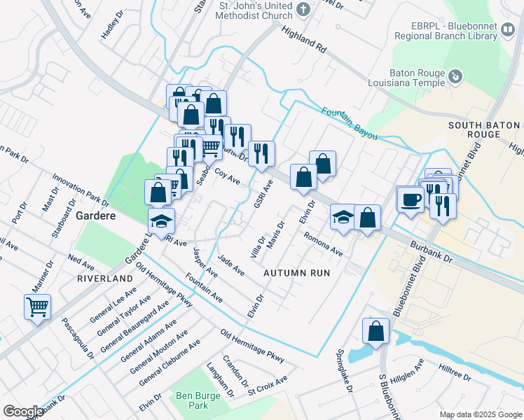 map of restaurants, bars, coffee shops, grocery stores, and more near 9047 GSRI Avenue in Baton Rouge