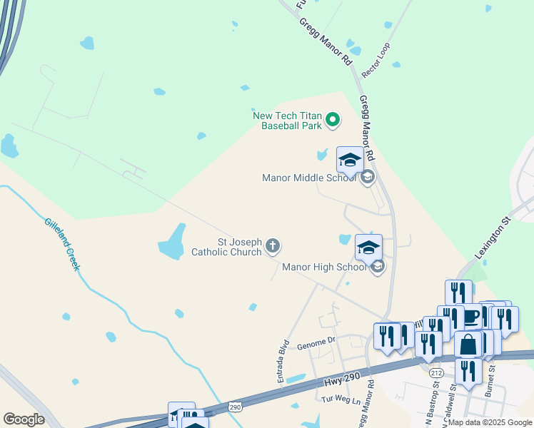 map of restaurants, bars, coffee shops, grocery stores, and more near 9910 Hill Lane in Manor